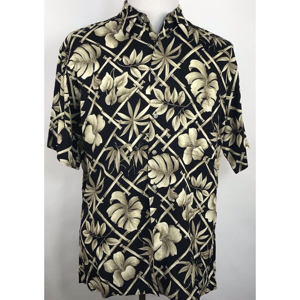 Cambia Moda Mens‎ Hawaiian Black Beige Floral Shirt Size Medium Collared